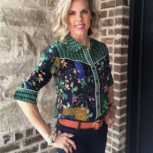 Cabi Floral Print Patchwork Button Up Top Shirt Size M Western Rodeo Cowgirl